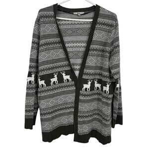 Bass Women's Green White Reindeer Fair Isle Nordic Open Cardigan Size XL